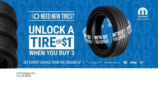 Official Mopar September Buy 3 Tire event artwork showing a fourth tire for one dollar when you buy three
